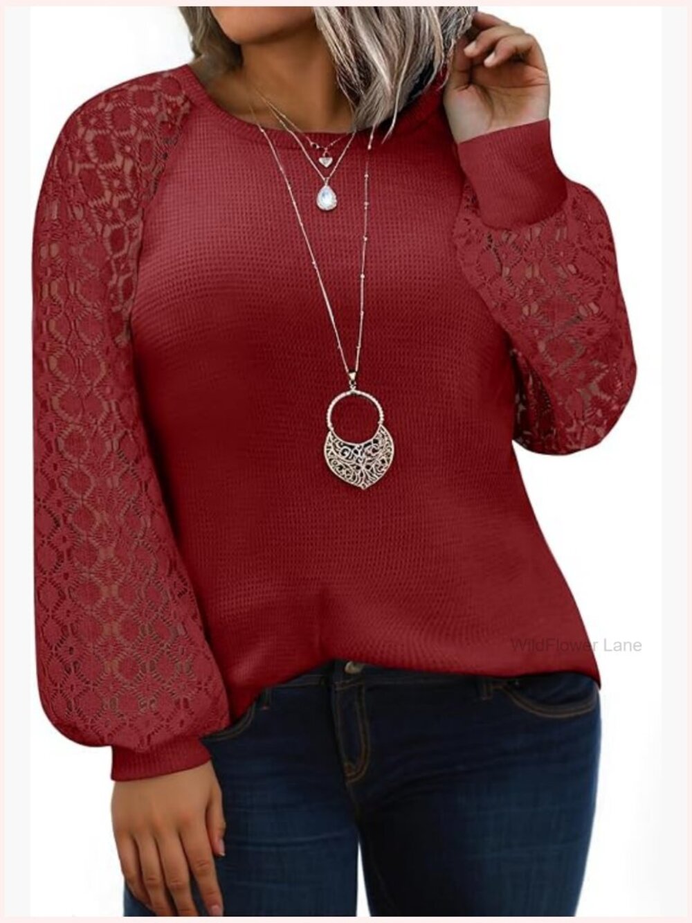 Plus Size Long Sleeve Lace Crew Neck Waffle Knit Top Business Work Shirt